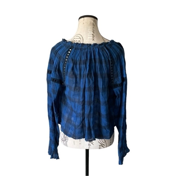 Free People Boho Cotton Sheer Plaid Lace Peasant Blouse Size XS - Picture 1 of 4